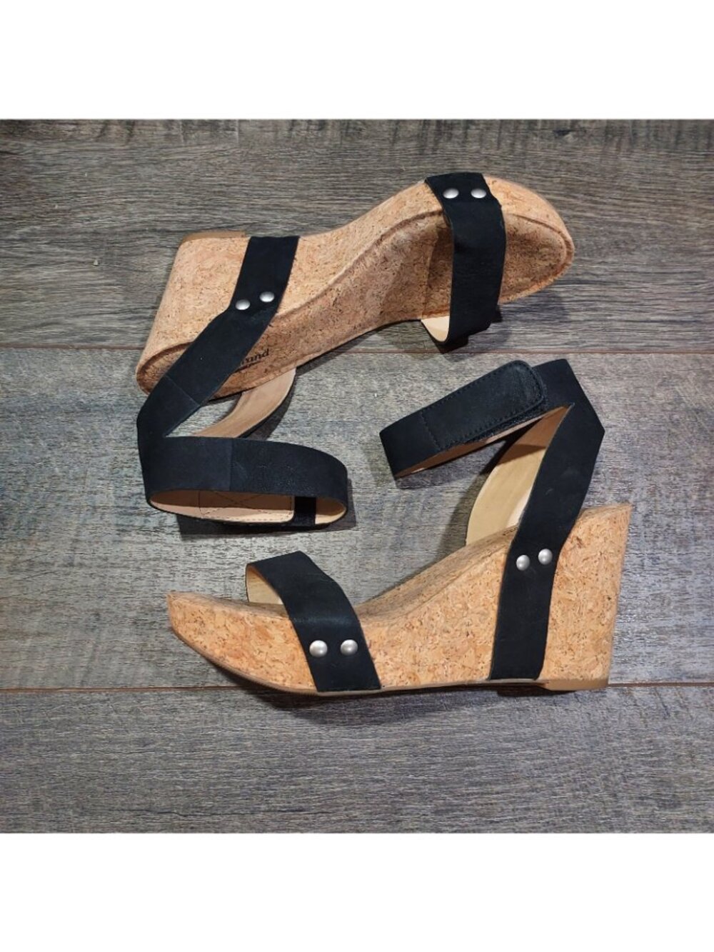 Lucky Brand Black Suede Sandal Ankle Strap Cork Wedge Heel Size7.5M USA Mcdowell - Picture 5 of 9